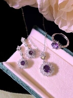 Dainty Purple Cubic Zirconia Earrings Pendant Ring 5-pc Set - S925 Silver Post